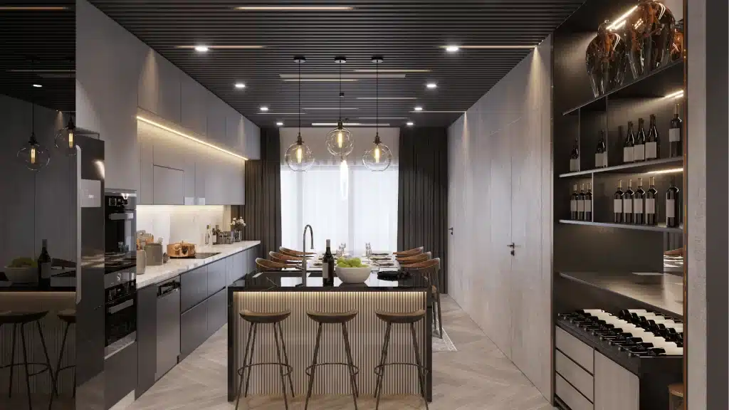 Modern luxury kitchen remodel with white cabinetry, black island, pendant lighting, and wine storage shelving