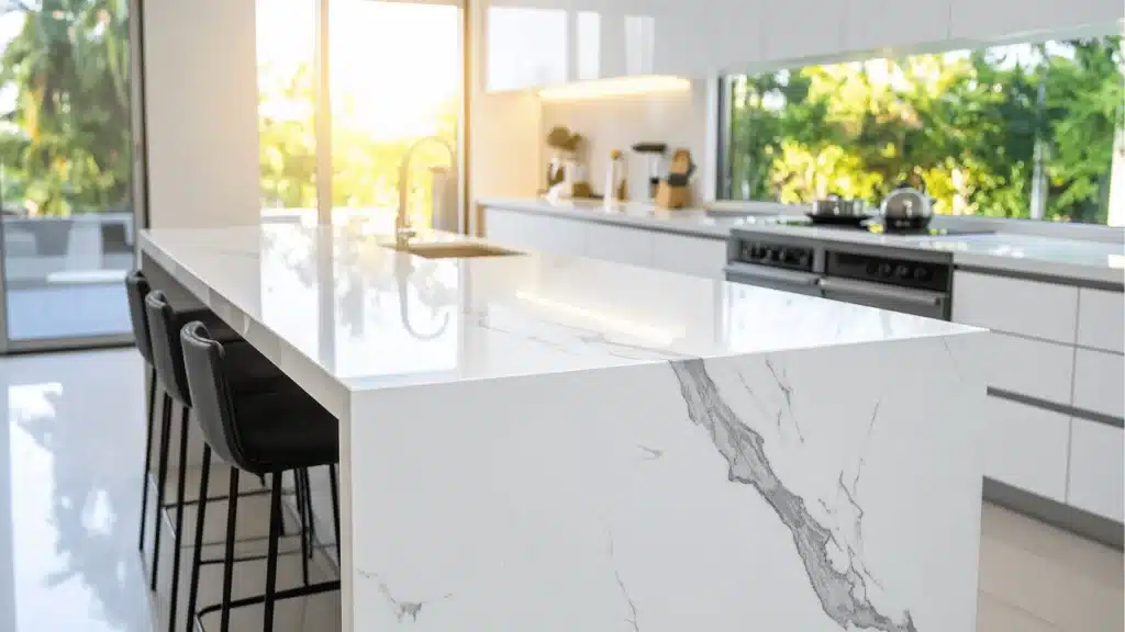 Modern white kitchen remodel with marble quartz island countertop and stainless steel appliances