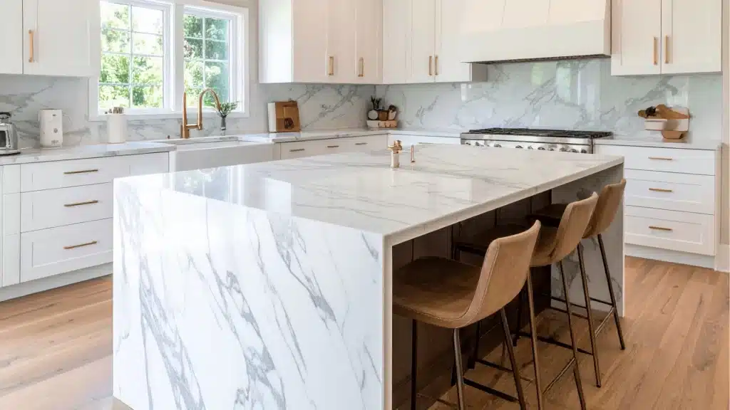 Modern white kitchen with marble island, quartz countertops, and custom cabinetry by Pottstown Construction