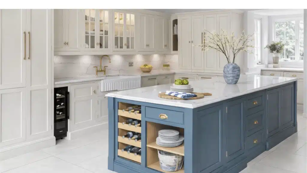 Modern kitchen remodel with white shaker cabinets, blue island, white countertops, and brass hardware by Pottstown Construction