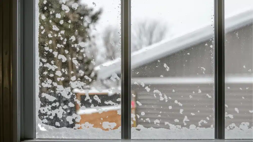 Frost and snow covering residential windows during winter weather, showcasing window insulation and home protection