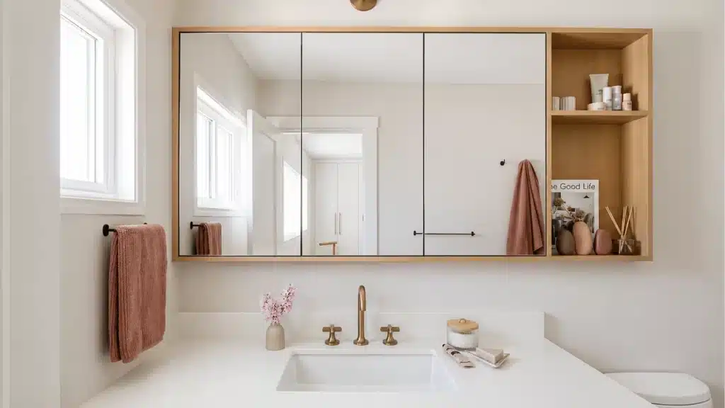 Built-In Bathroom Storage Cabinetry with white countertop
