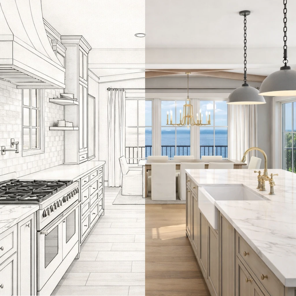 Kitchen remodel design sketch and finished renovation with white cabinetry, marble countertops, and pendant lighting
