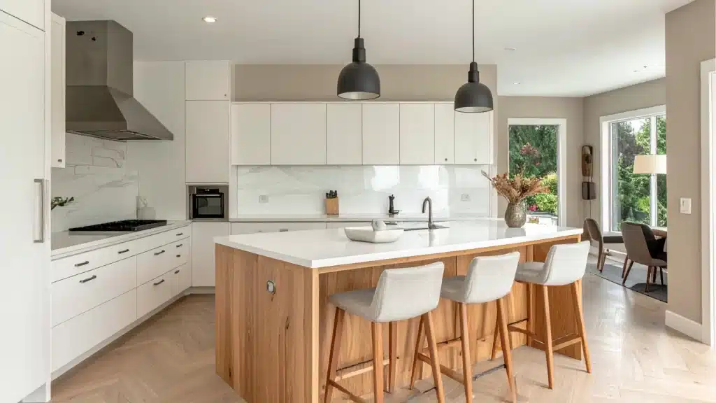 Modern kitchen remodel with white cabinetry, wood island, quartz countertops, and pendant lighting by Pottstown Construction