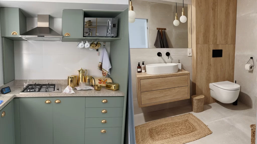 Modern kitchen and bathroom remodel featuring sage green cabinetry, quartz counters, and natural wood vanity with vessel sink