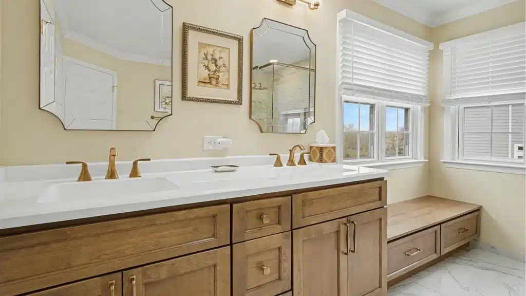 Luxury Bathroom Cabinet in Oak and gold hardware accents
