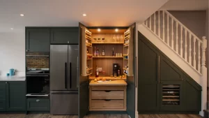 Custom kitchen and wet bar remodel with dark green cabinetry, built-in wine storage, and stainless steel appliances