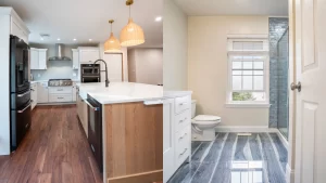 Modern kitchen and bathroom remodel with white cabinetry, wood island, quartz countertops, and slate flooring by Pottstown Construction