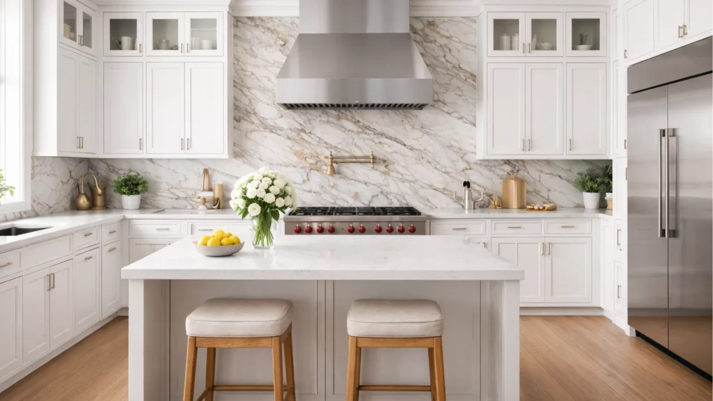 Modern luxury kitchen remodel with white shaker cabinets, marble backsplash, quartz island countertops, and stainless steel appliances