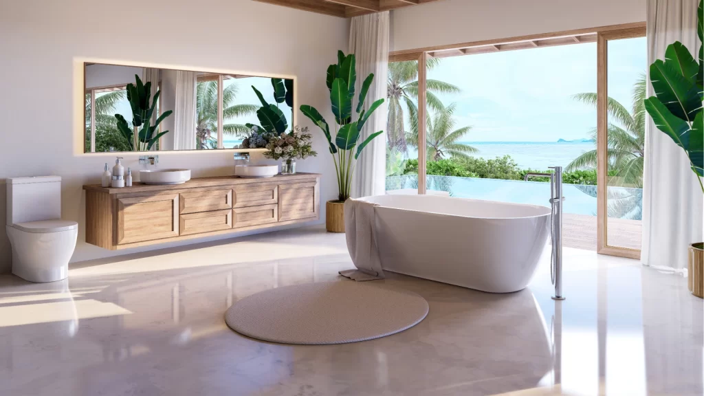 Luxury modern bathroom remodel with freestanding soaking tub, wooden vanity, and ocean view doors