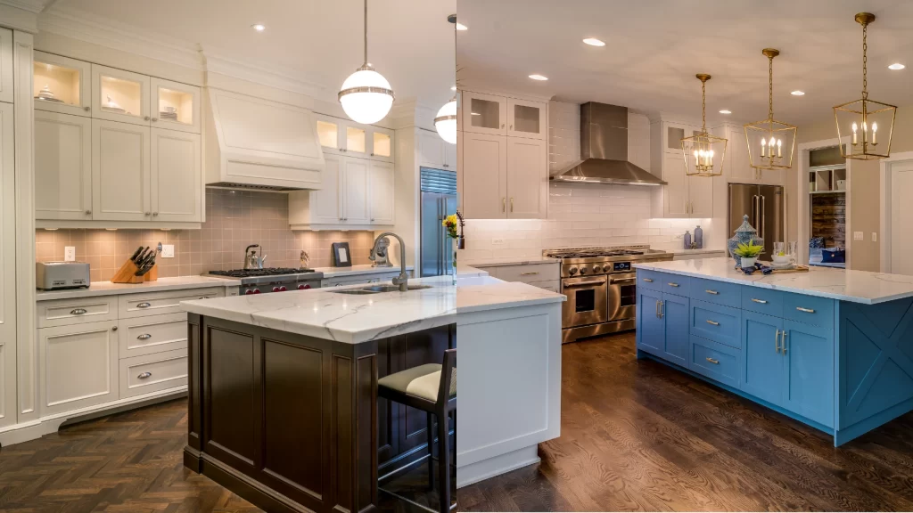 Side-by-side comparison of two-tone kitchen designs showing classic white and dark wood island versus white upper cabinets with bold blue lower cabinets