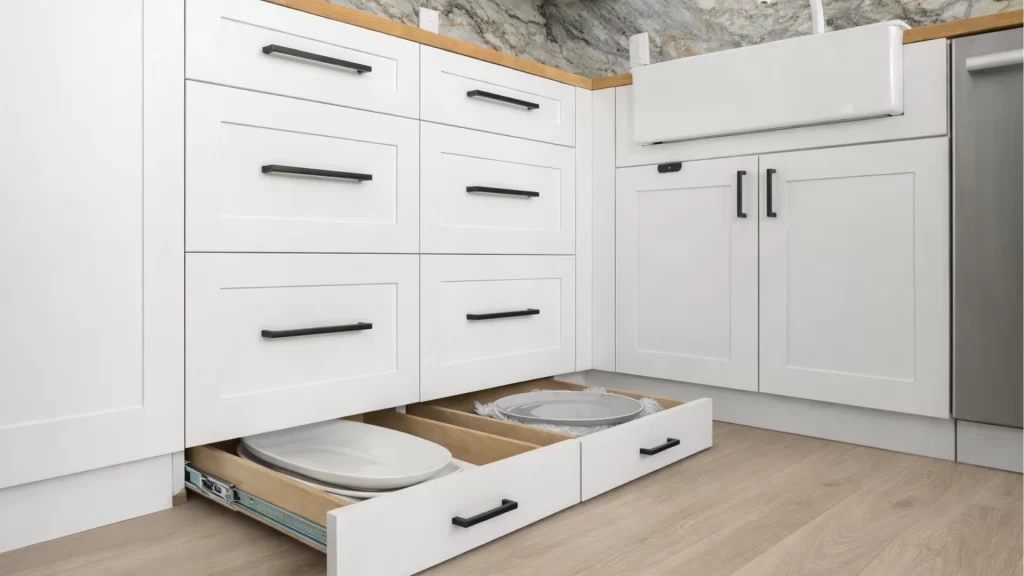 Custom white toe-kick cabinetry