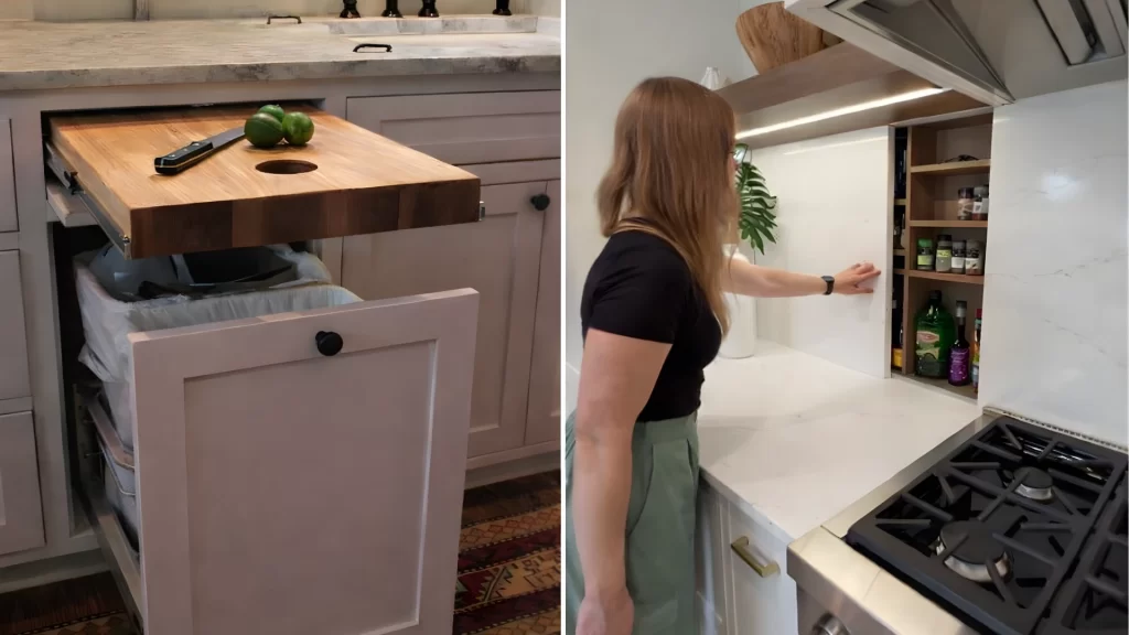 Custom kitchen remodel with hidden trash bin, wood countertop, white cabinetry, gas cooktop, and open shelving storage