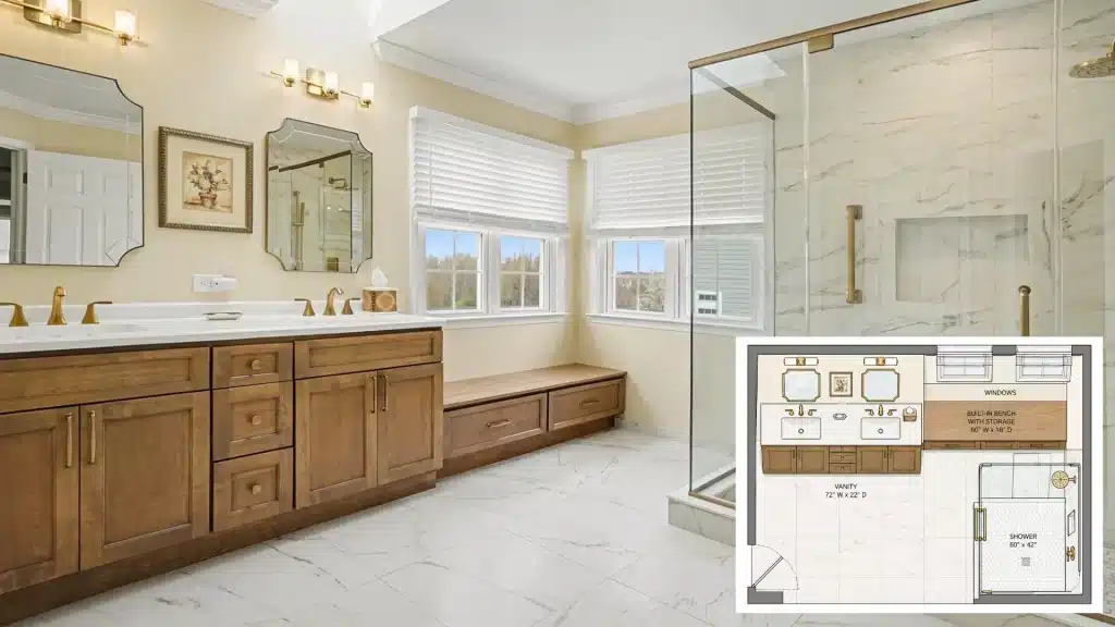 brown and white vanity with shower in gold trim and marble wall tile