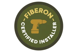 Fiberon Certified Installer badge with gold logo on green circular background