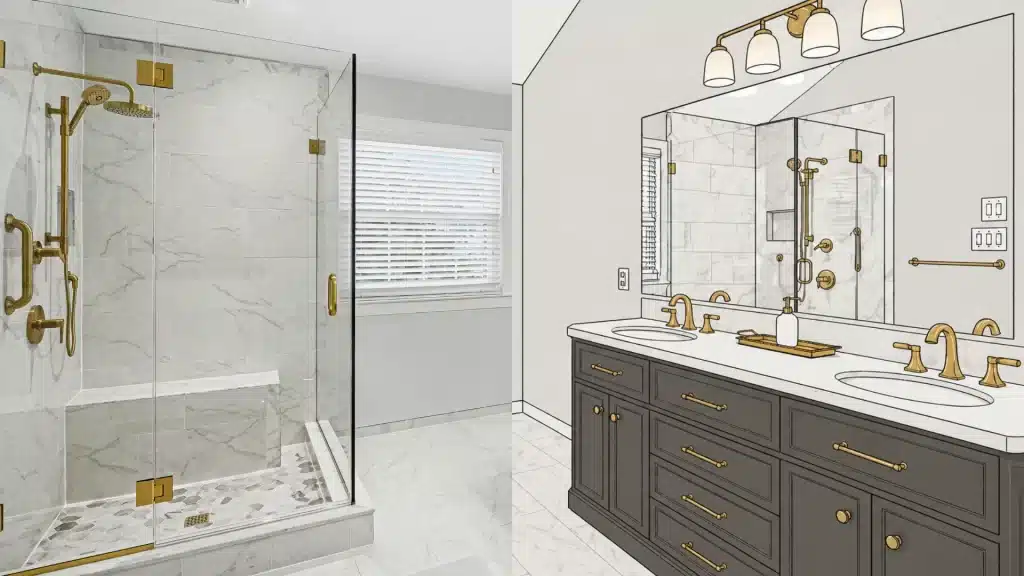 gold and grey bathroom with marble floor and shower niche and bench