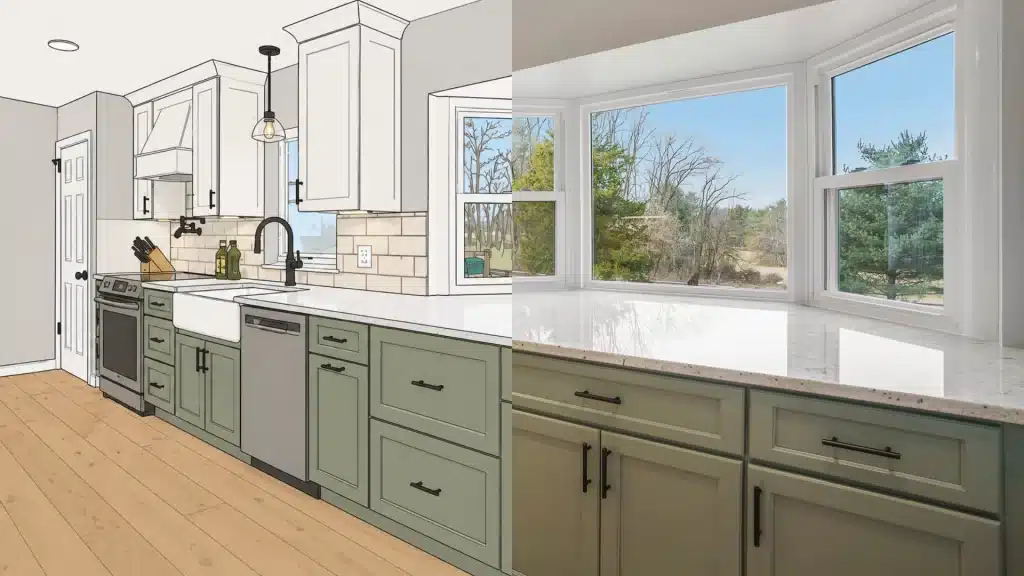 green and light brown kitchen with huge windows