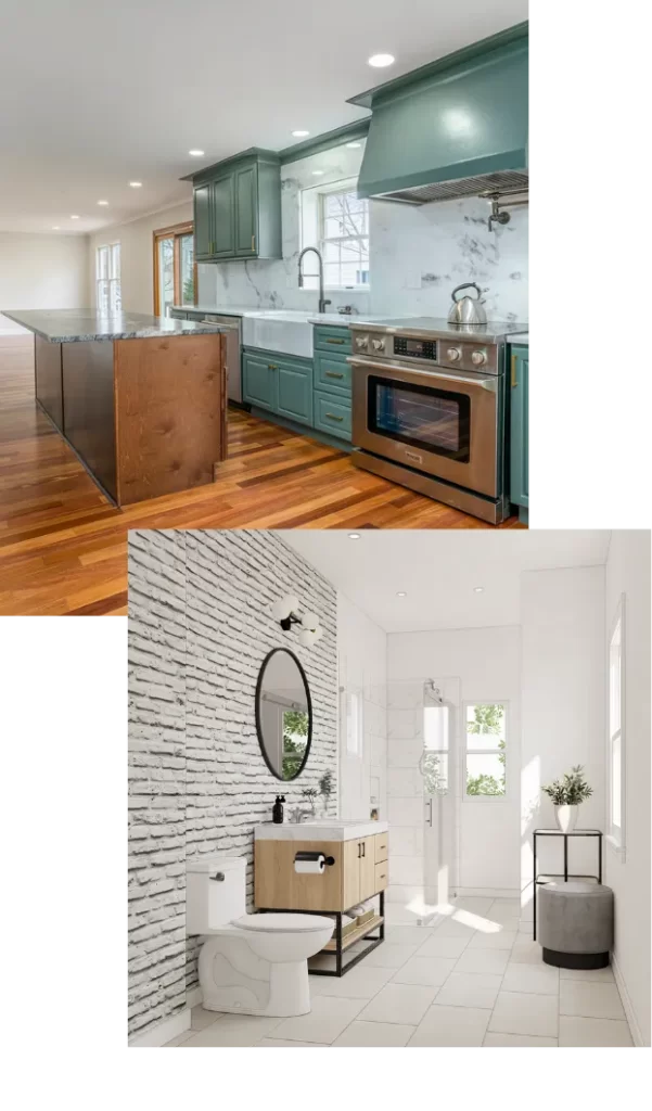 Modern kitchen and bathroom remodel with green cabinetry, marble backsplash, hardwood floors, and brick accent wall