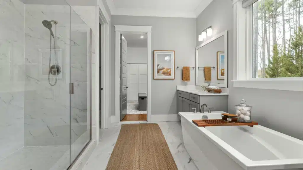 Spacious walk-in shower with glass enclosure