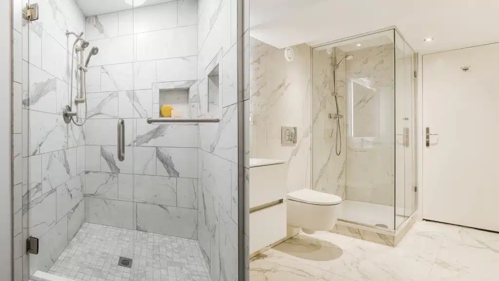 faux marble walk in shower with glass enclosure