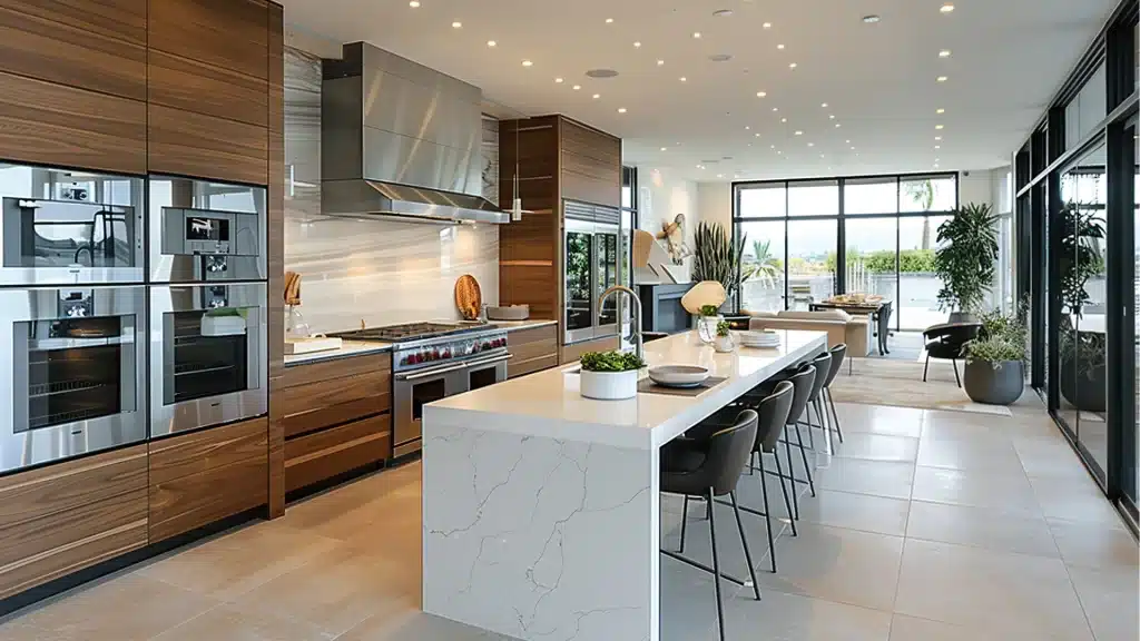 Spacious kitchen with white marble waterfall countertop and teakwood cabinets