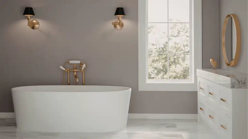 White marble bathroom with white tub and gold hardware