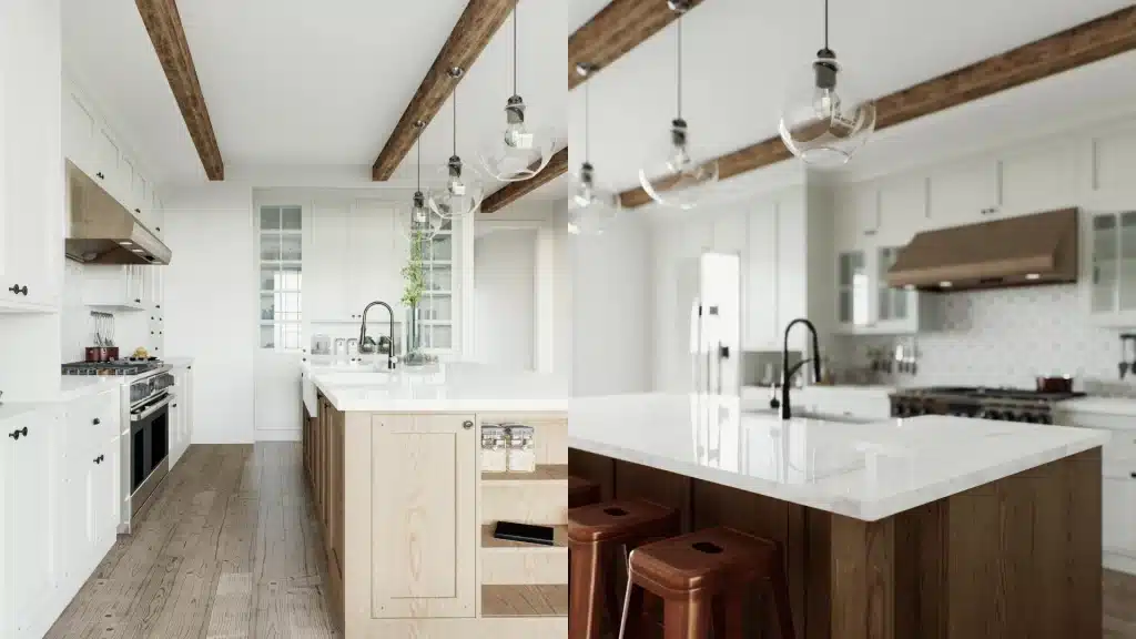 Spacious kitchen with faux beam ceiling