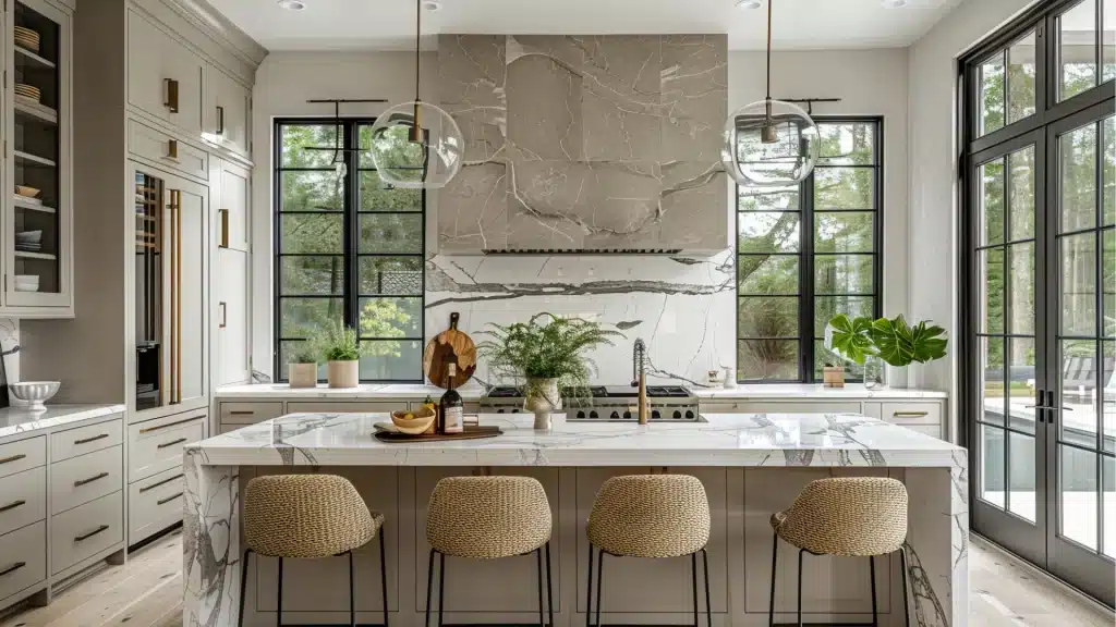 Spacious modern kitchen with faux white marble countertop with grey veining