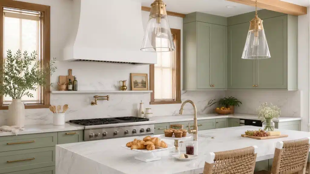 Sage green kitchen with marble countertops and backsplash, brass pot filler above the gas range, white range hood, glass pendant lights, and a large island with pastries