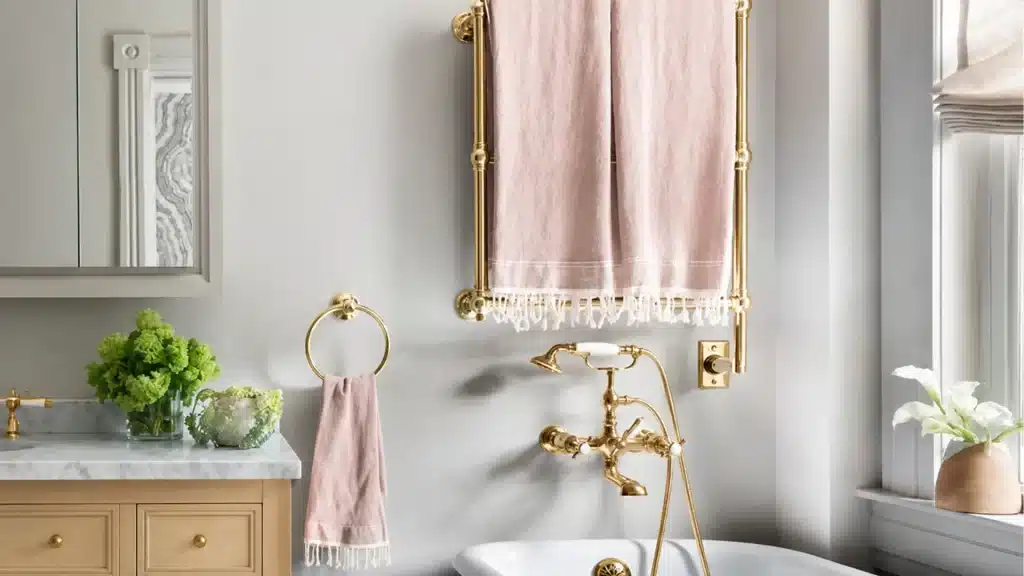 Luxury bathroom vanity with brass fixtures, marble countertop, and gold towel bar in modern home renovation design