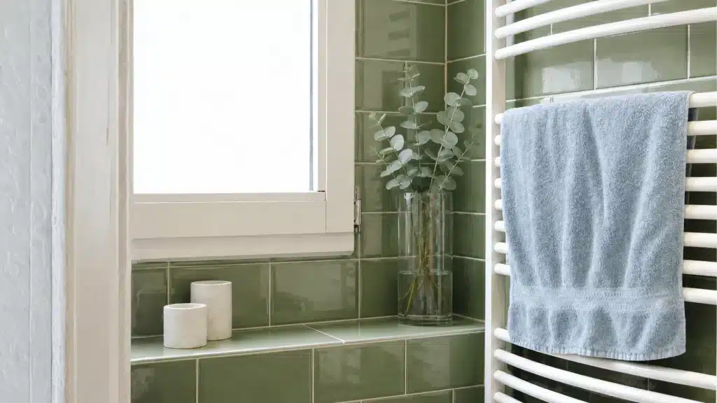 Modern bathroom remodel with sage green subway tile, heated towel rack, and custom shower enclosure