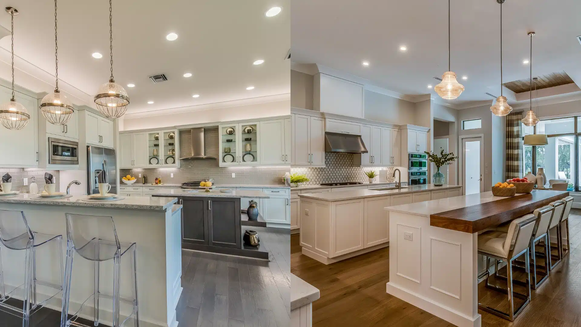 Blog 64 Large white kitchen with double islands, pendant lighting, dark wood bar top, and built-in appliances