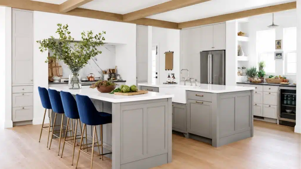 Kitchen remodel with double gray islands, white cabinetry, blue barstools, and exposed wood ceiling beams
