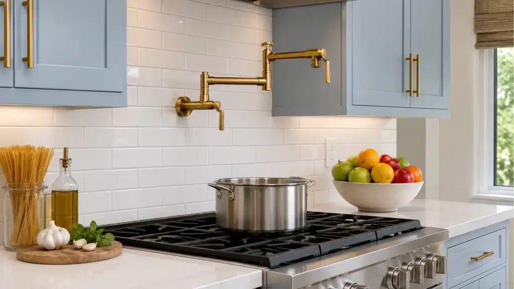 Blue-gray kitchen with a gold pot filler above a gas range and a stainless steel pot on the cooktop, with pasta, garlic, and fresh fruit on the counter