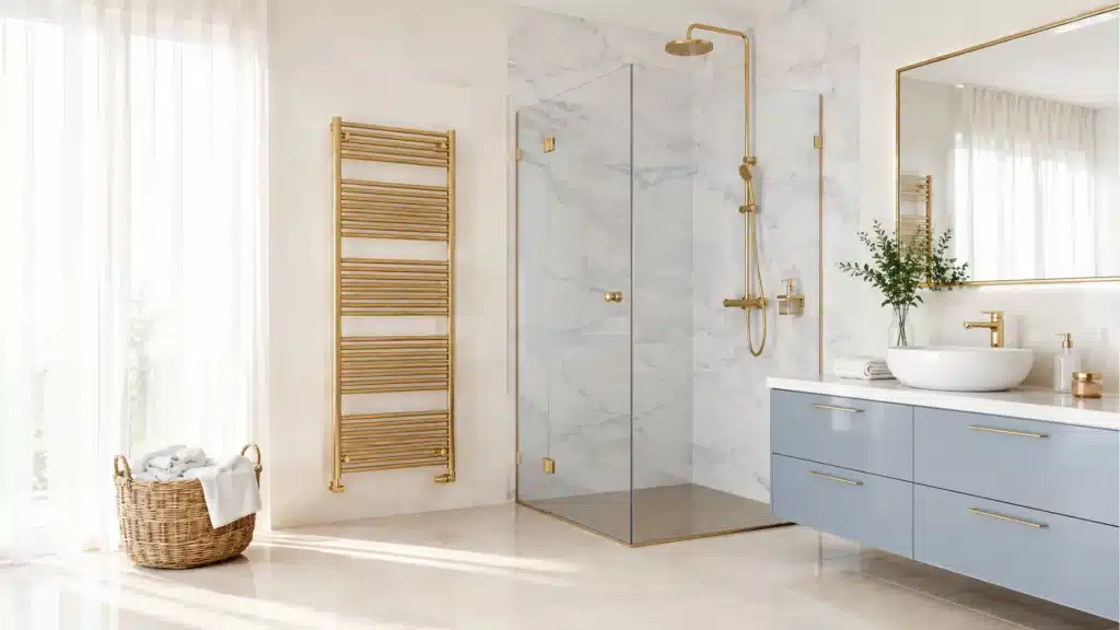 Modern luxury bathroom renovation with marble tile shower enclosure, brass fixtures, and blue vanity cabinets