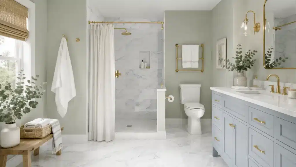 Modern master bathroom remodel with marble tile, white vanity cabinets, and brass fixtures by Pottstown Construction Company