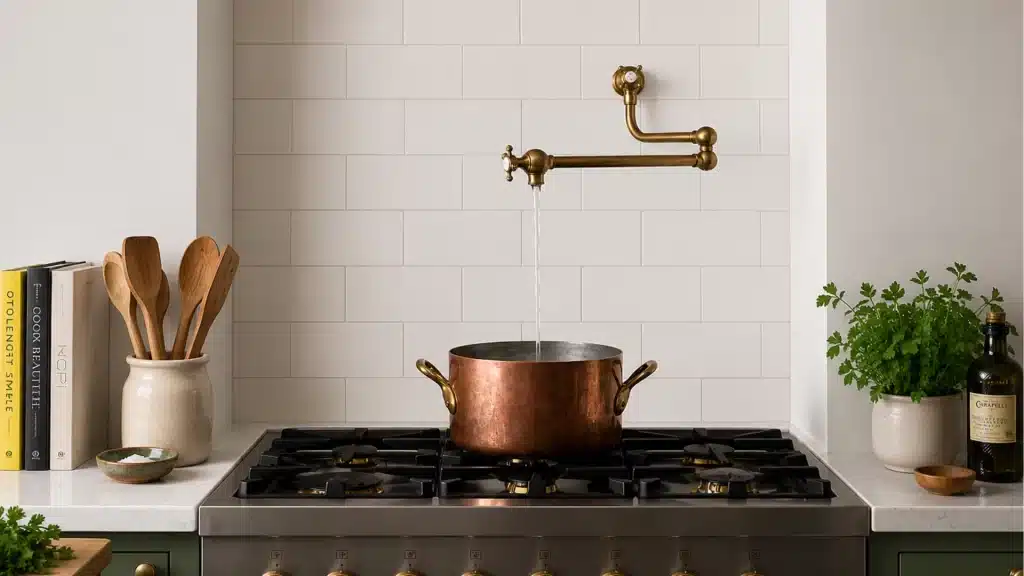 Brass pot filler actively filling a copper pot on a gas stove, with white subway tile backsplash, wooden kitchen utensils, and fresh herbs