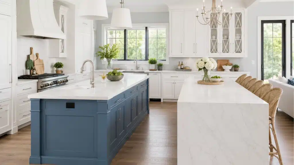 White kitchen with blue prep island, marble dining island, woven stools, and chandelier