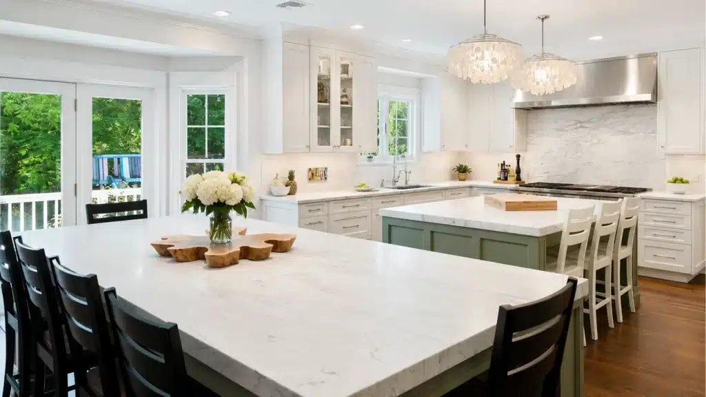 White kitchen with green prep island, oversized dining peninsula, marble surfaces, and crystal pendants