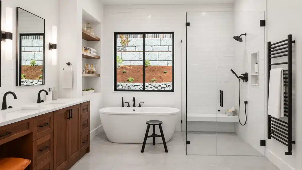 Modern bathroom remodel with freestanding tub, white subway tile, wood vanity, and walk-in shower with glass enclosure