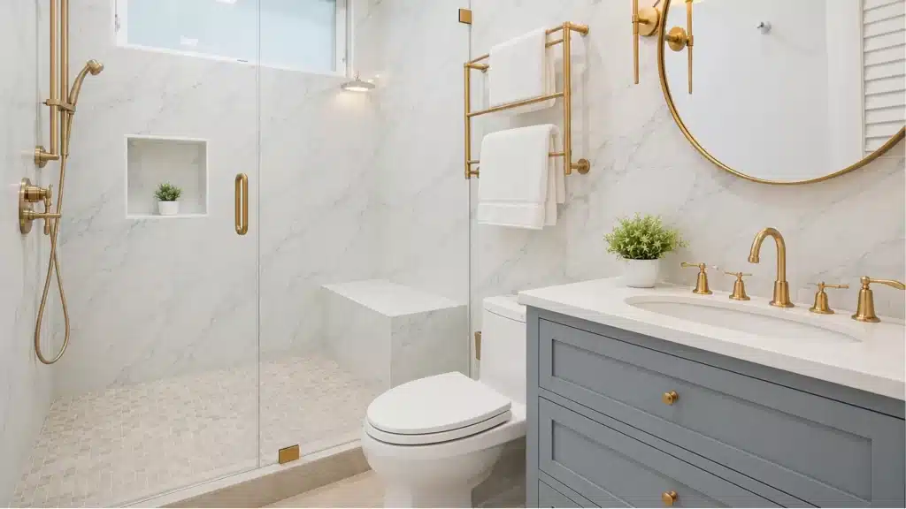 Luxury master bathroom remodel with marble tile, walk-in shower, gold fixtures, and gray vanity