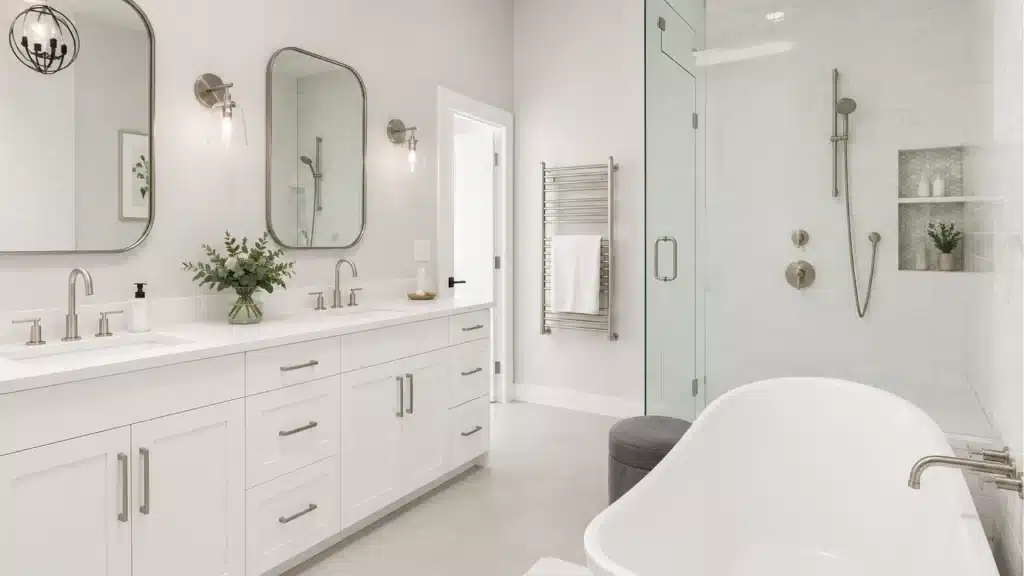 Modern luxury bathroom remodel with white vanity, dual sinks, glass shower enclosure, and freestanding tub