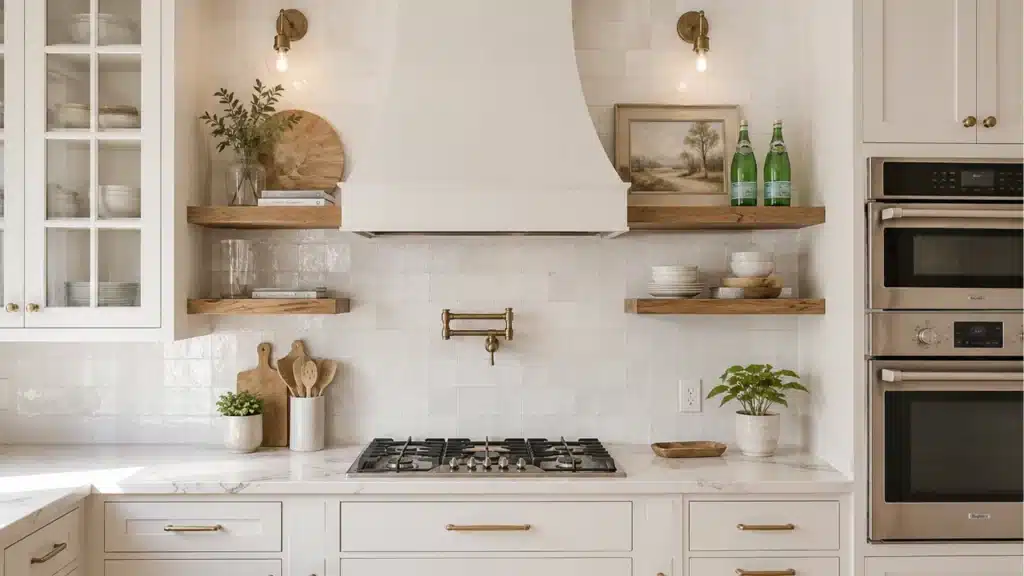 Bright white farmhouse kitchen with open wood shelves, brass pot filler mounted above a gas cooktop, and gold cabinet hardware