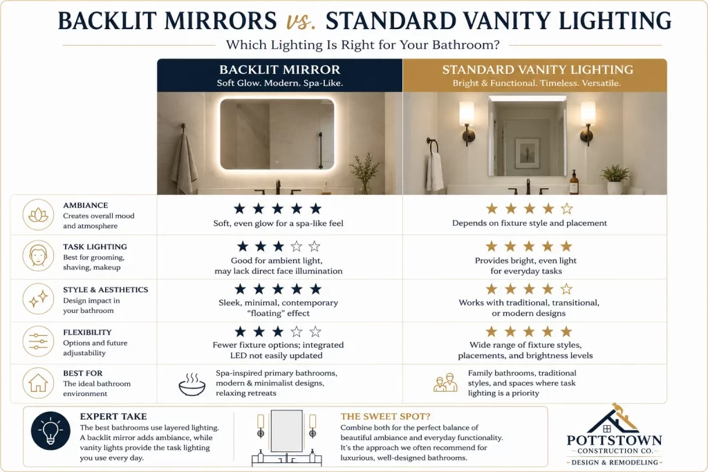 Infographic comparing backlit mirrors vs. standard vanity lighting for bathrooms, rating ambiance, task lighting, style, and flexibility, by Pottstown Construction