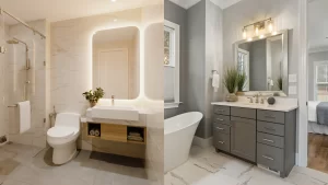 Side-by-side bathrooms comparing a backlit LED mirror over a floating vanity with a gray vanity lit by a standard vanity light bar above a framed mirror