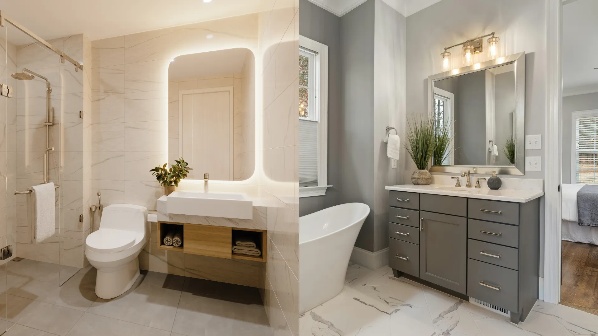 Blog 63 Side-by-side bathrooms comparing a backlit LED mirror over a floating vanity with a gray vanity lit by a standard vanity light bar above a framed mirror