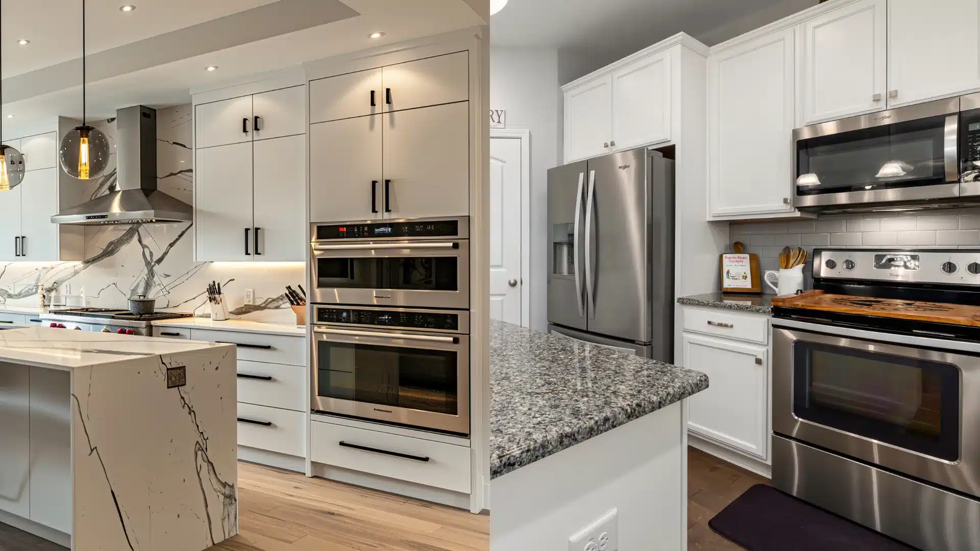 Blog 62 Split comparison of a marble waterfall island kitchen and a white kitchen with stainless appliances