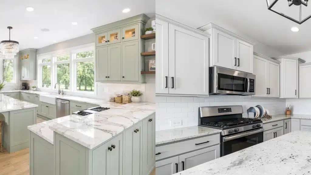 Split comparison of a sage green marble island kitchen and a white kitchen with subway tile backsplash