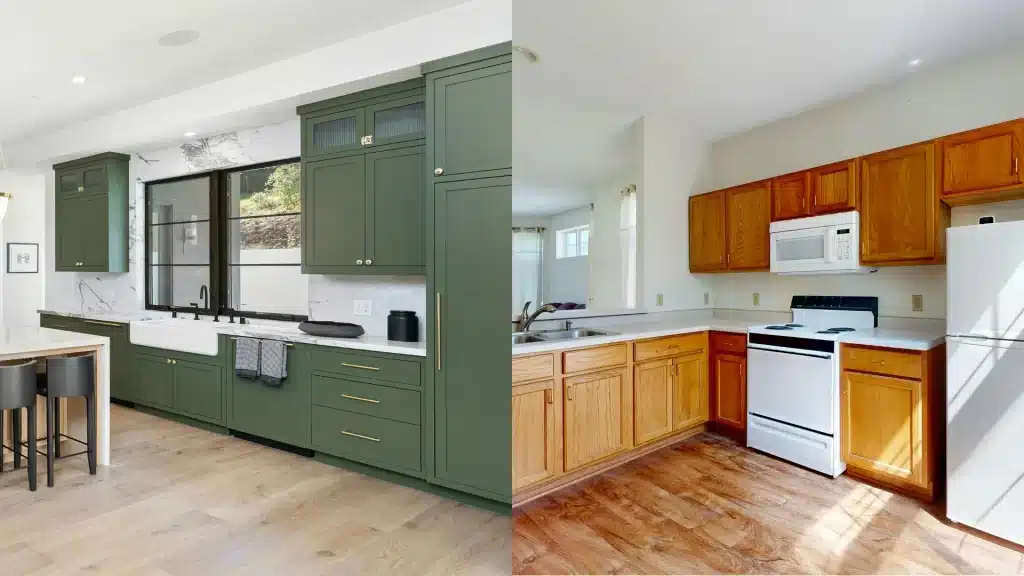 Before and after comparison of a renovated green kitchen and a dated oak cabinet kitchen