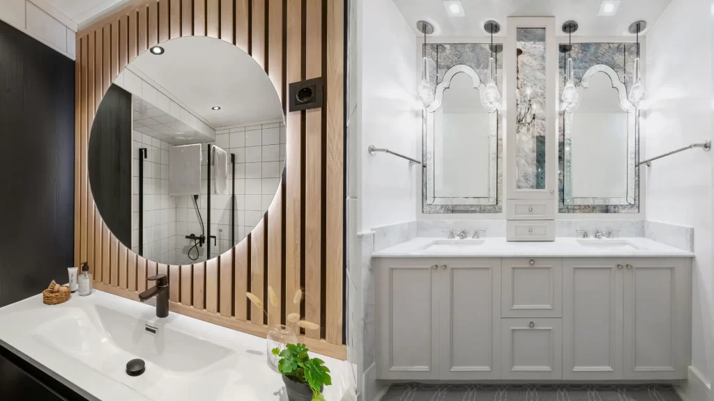 Side-by-side bathrooms: a round backlit LED mirror on a wood-slat wall, and a double vanity with two decorative mirrors and wall sconce lighting